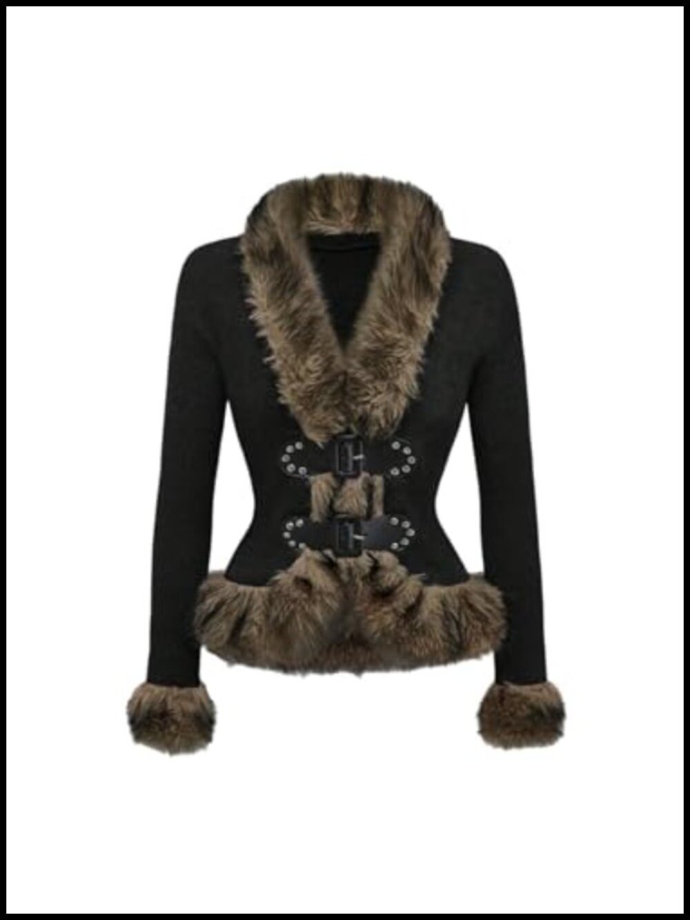 Faux Fur Long Sleeve Cardigan Buckle Knit Punk Outerwear